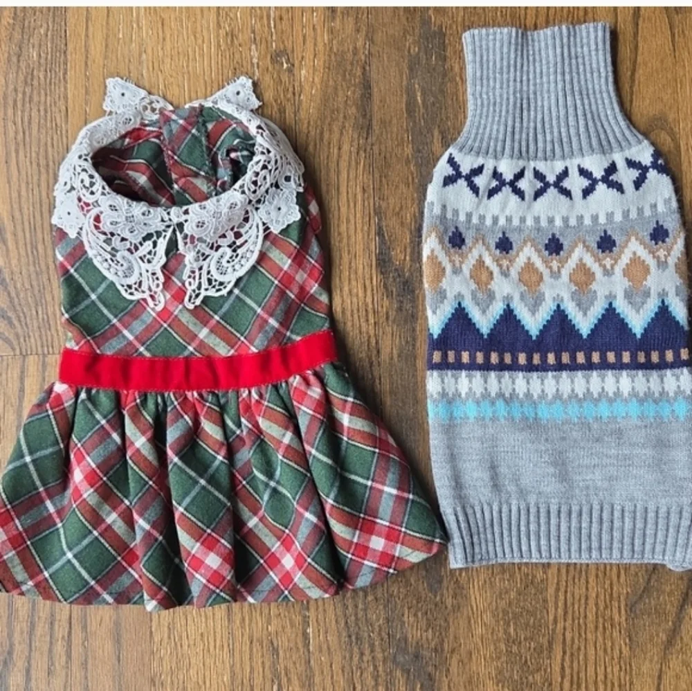 Bundle Christmas Gray Knit  Sweater Plaid Lace Tule Velvet Green Dress sz.S